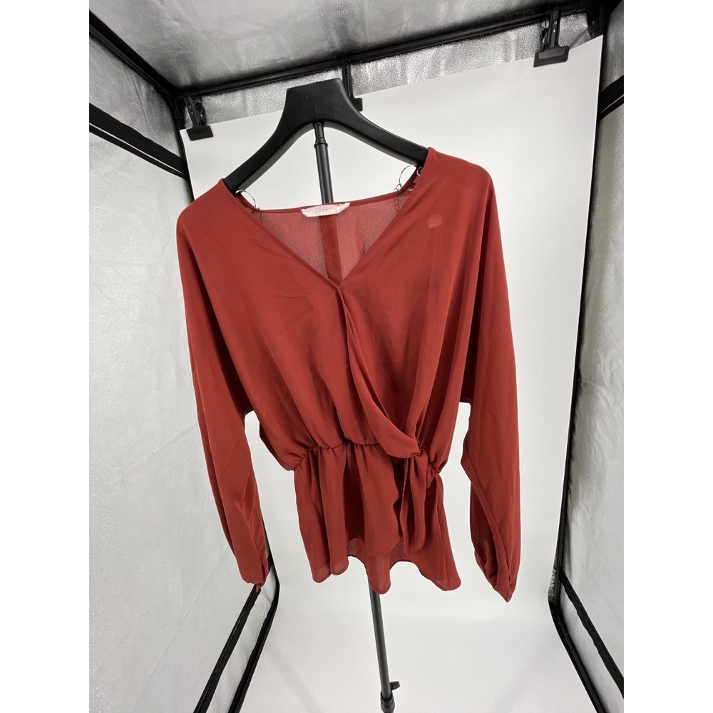 Lush Sheer Peplum Blouse Womens Medium Red‎ Boho V-Neck Elastic Cinched Waist